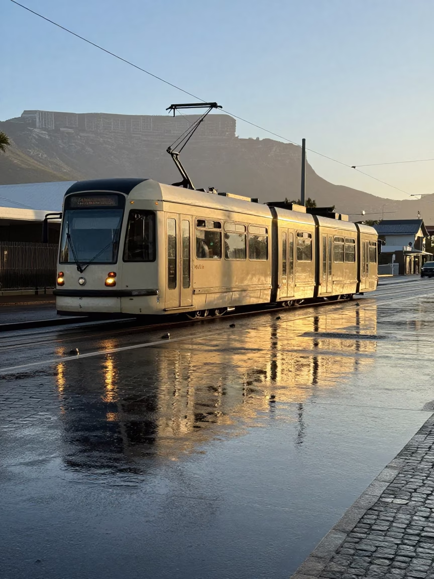 Cape Town Tram Reflected in Rain on Cobblestones Just After Sunrise in in Cape Town, South Africa