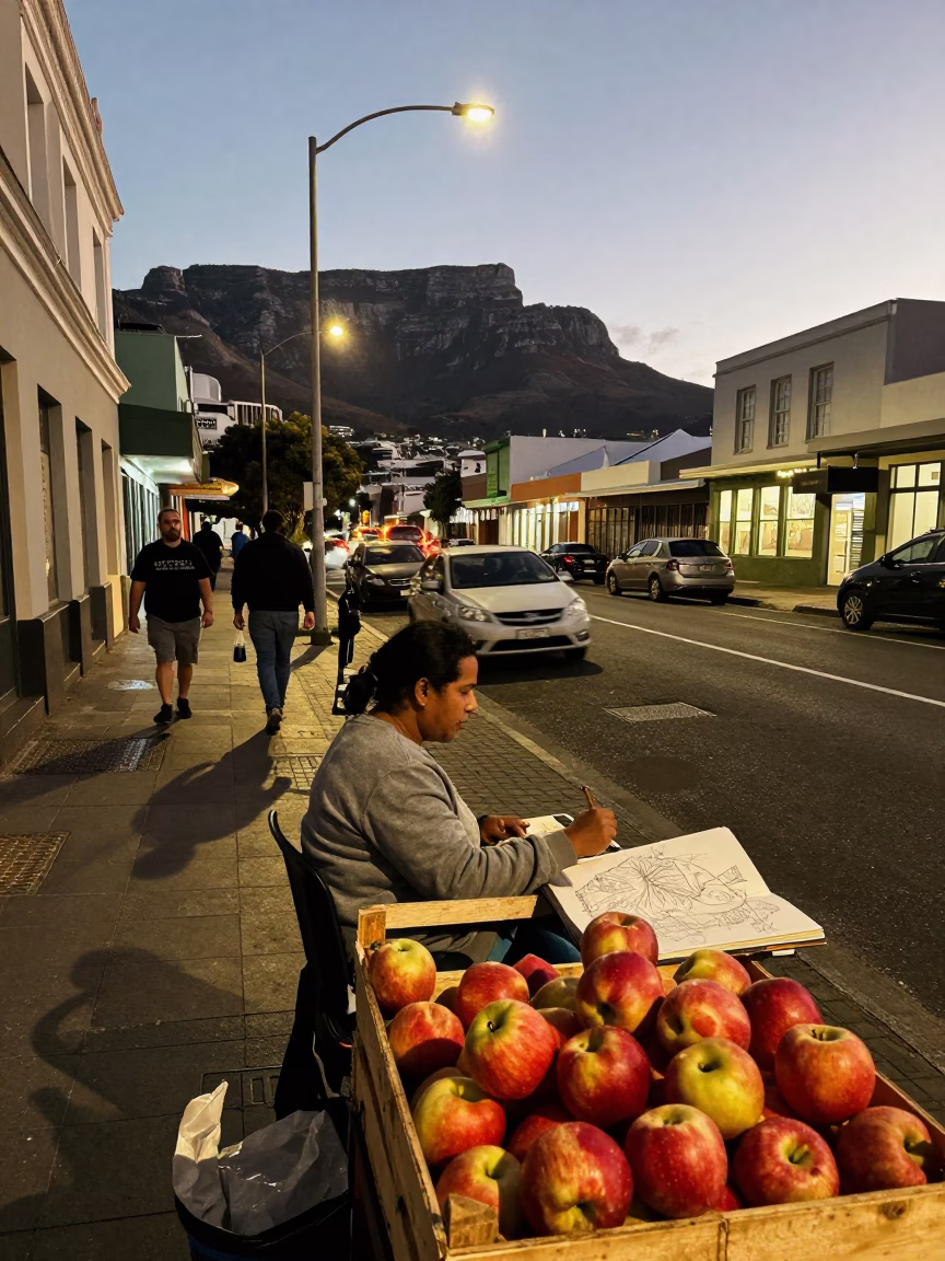 Cape Town Twilight Street Scene with Apples and Sketchbook in in Cape Town, South Africa