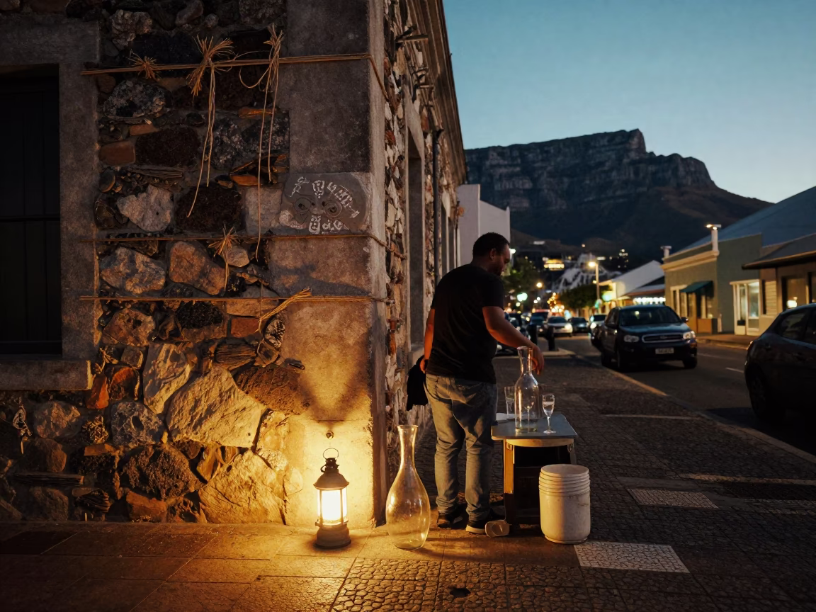 Cape Town Twilight Street Scene with Lantern and Glass Carafe in 1960s in in Cape Town, South Africa