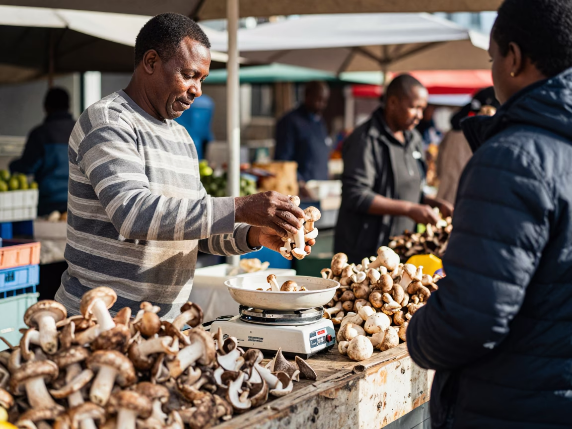Cape Town Winter Noon Market Stall Vendor Weighing Fresh Mushrooms in in Cape Town, South Africa