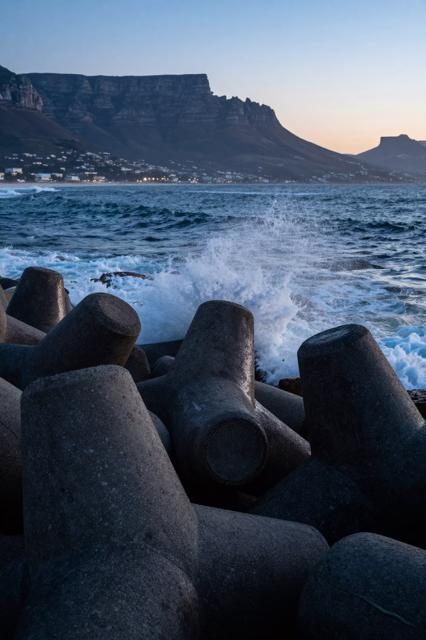 Cape Town Winter Sunset Breakwater Tetrapods Spray and Coastal Life in in Cape Town, South Africa