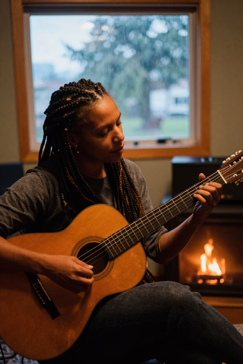 Cape Verdean Morna Singer with Guitar in in a rehearsal room in Kitsilano, Vancouver