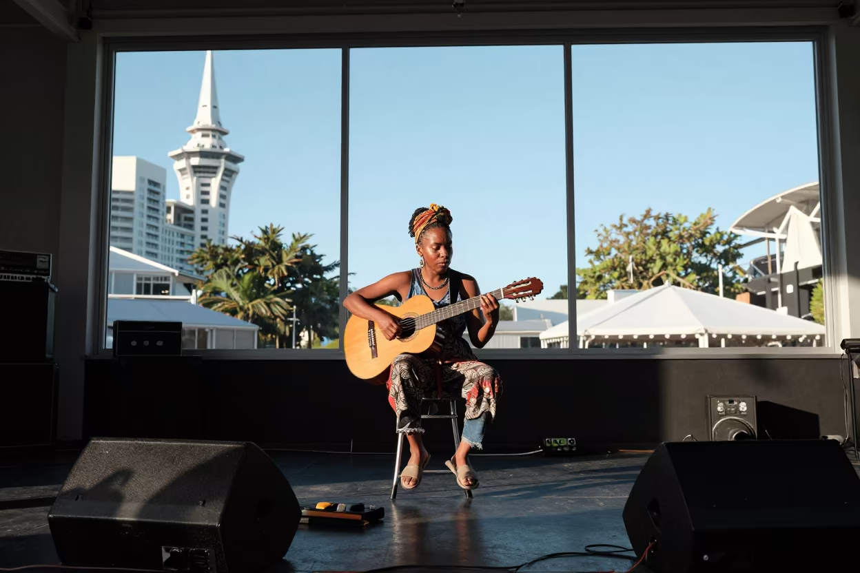 Cape Verdean Morna Singer Rehearsing on Stage in on a festival main stage in Grey Lynn, Auckland