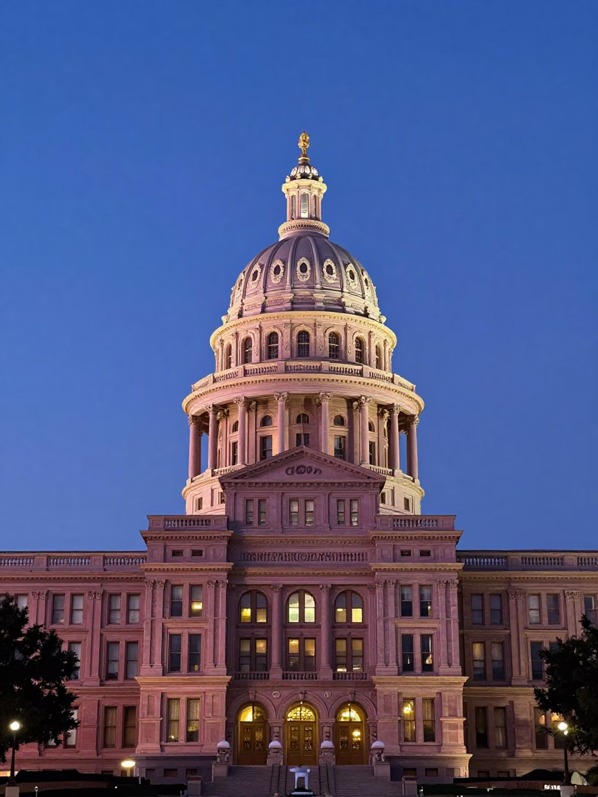 Capitol Building Illuminated in Austin at Twilight in in Austin, Texas, United States