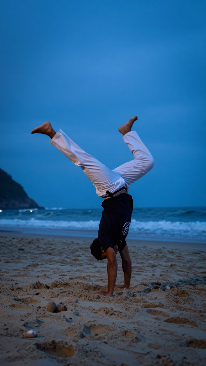 Capoeira Backflip on Beach Sand During Blue Hour in Salvador Brazil in in Salvador, Brazil