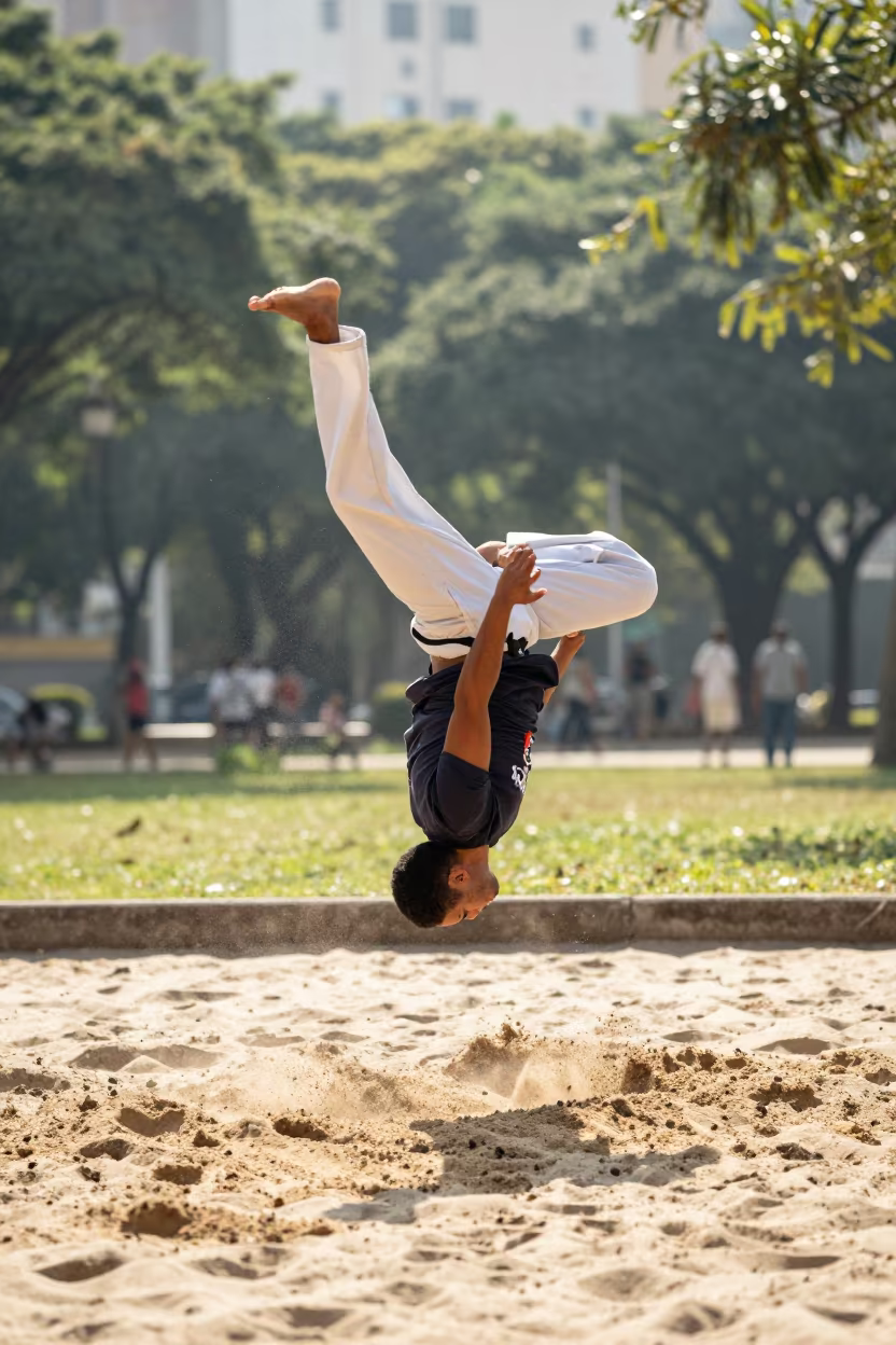 Capoeira Backflip on São Paulo Sand Under Noon Light in in São Paulo