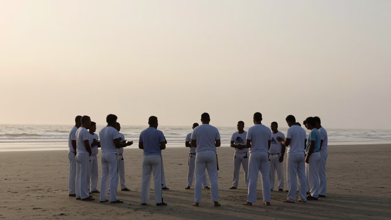 Capoeira Ceremony Silhouette Beach Sunset in in a prayer hall near São Paulo