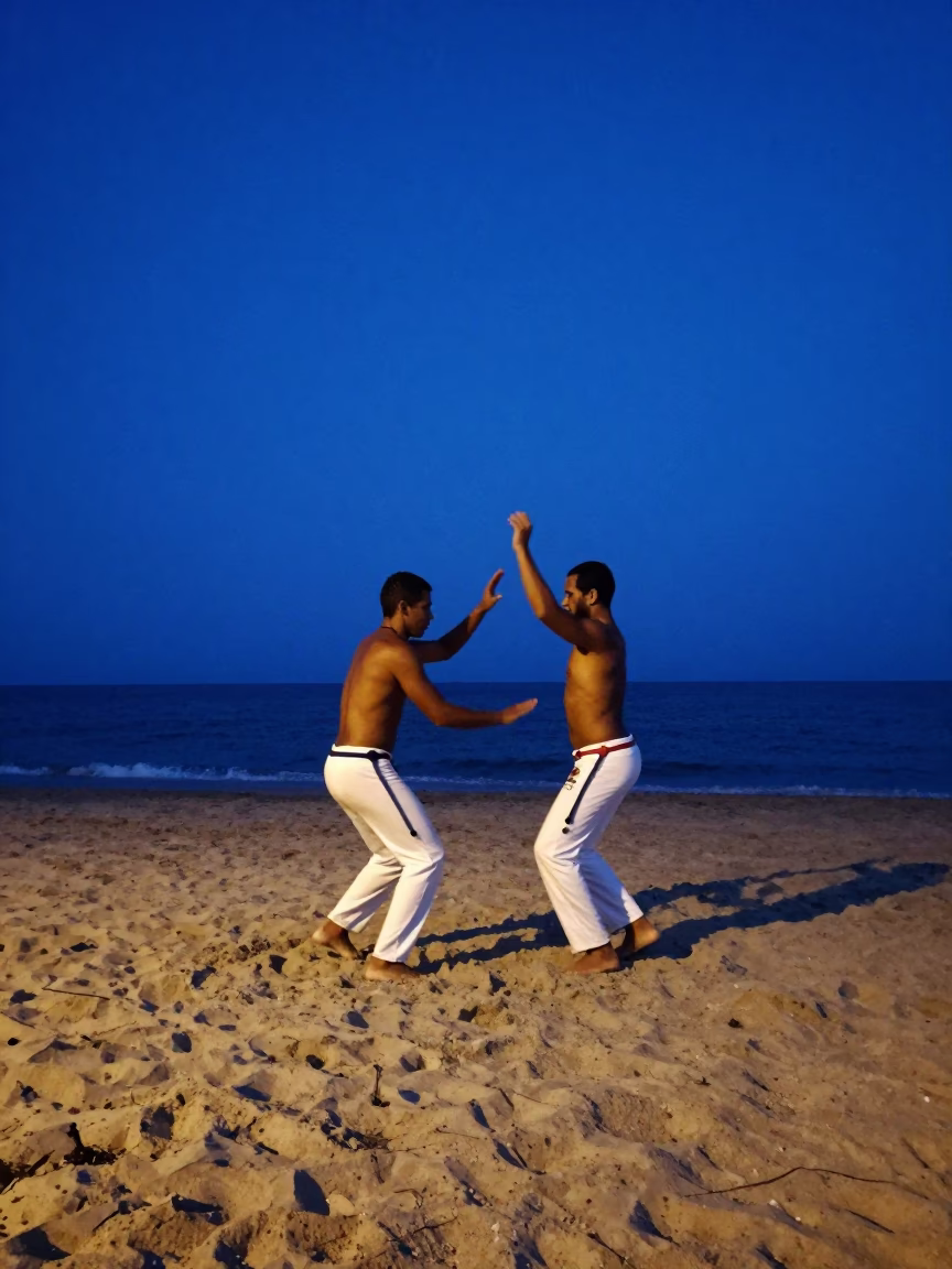 Capoeira Circle on Cartagena Beach During Indigo Twilight After Sunset in in Cartagena, Colombia