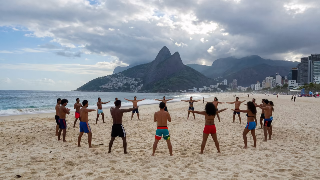 Capoeira Circle on Rio Beach Under Clouds in in a prayer hall in Rio de Janeiro