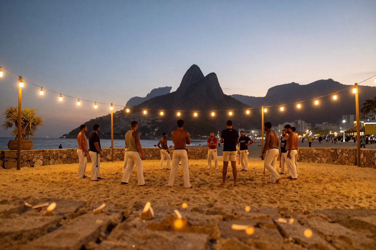 Capoeira Circle Sunset Lantern Shrine Rio in in a shrine lined with lanterns in Rio de Janeiro