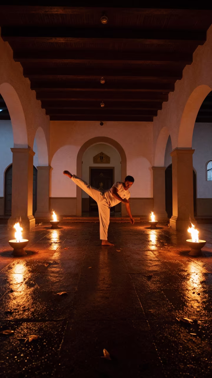 Capoeira Fighter Kicks in Predawn Firelight Hall in in a prayer hall near São Paulo