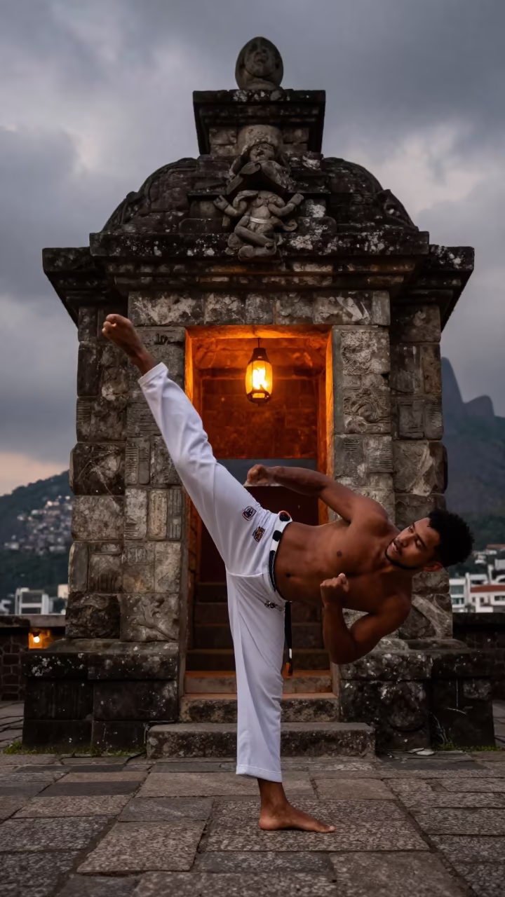 Capoeira Fighter Moon Kick in Lapa Shrine in in a shrine lined with lanterns near Lapa, Rio de Janeiro