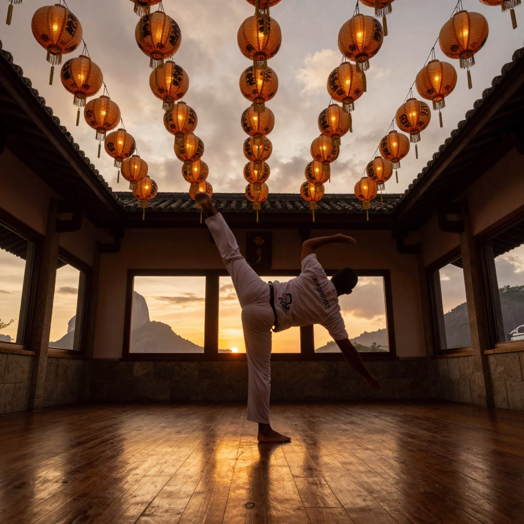 Capoeira Kick in Amber Sunset Shrine in in a shrine lined with lanterns in Rio de Janeiro