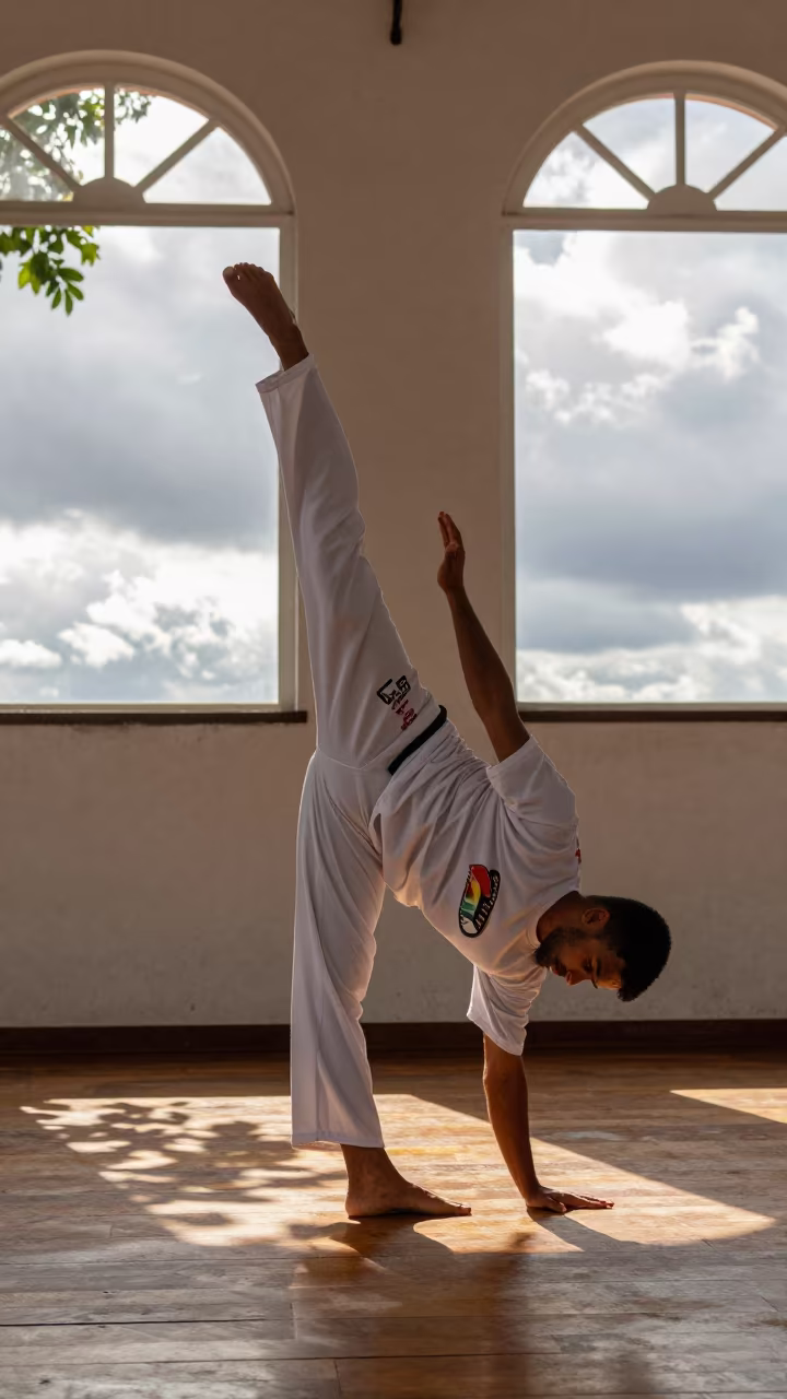Capoeira Meia Lua Kick in Salvador Hall in in a ceremonial hall in Salvador