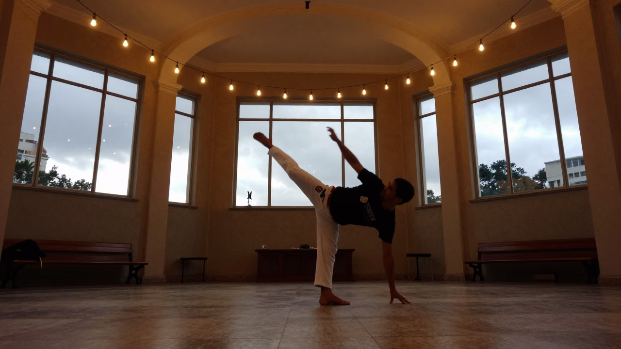Capoeira Meia Lua Kick in São Paulo Prayer Hall in in a prayer hall near São Paulo