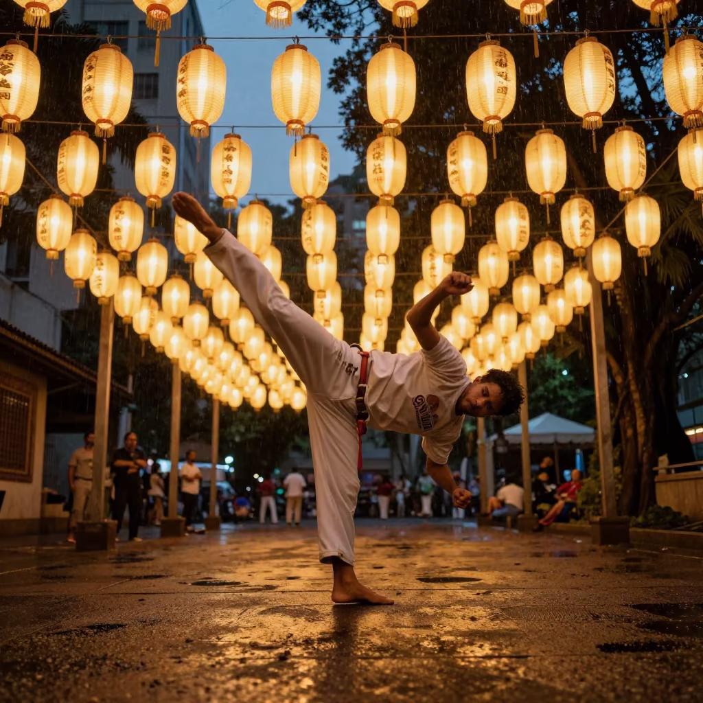 Capoeira Meia Lua Kick in São Paulo Shrine in in a shrine lined with lanterns in São Paulo
