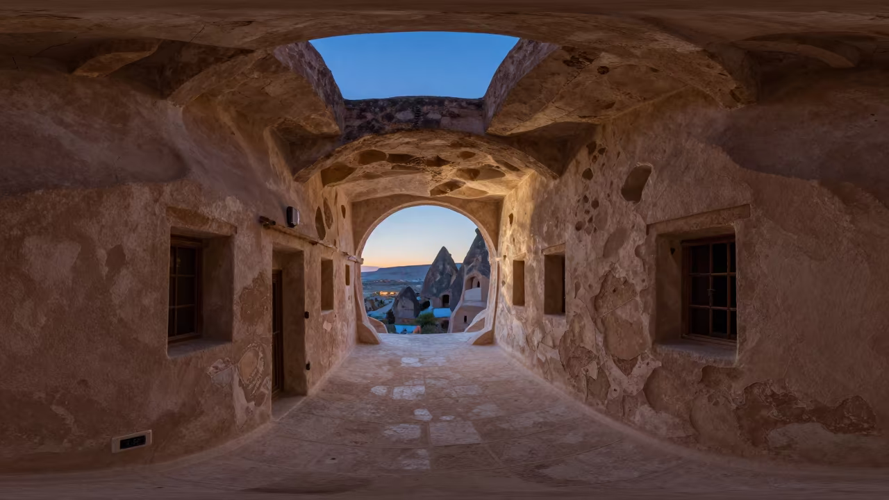 Cappadocia Cave House Silhouette at Blue Hour in inside a skylit passageway in Nevşehir