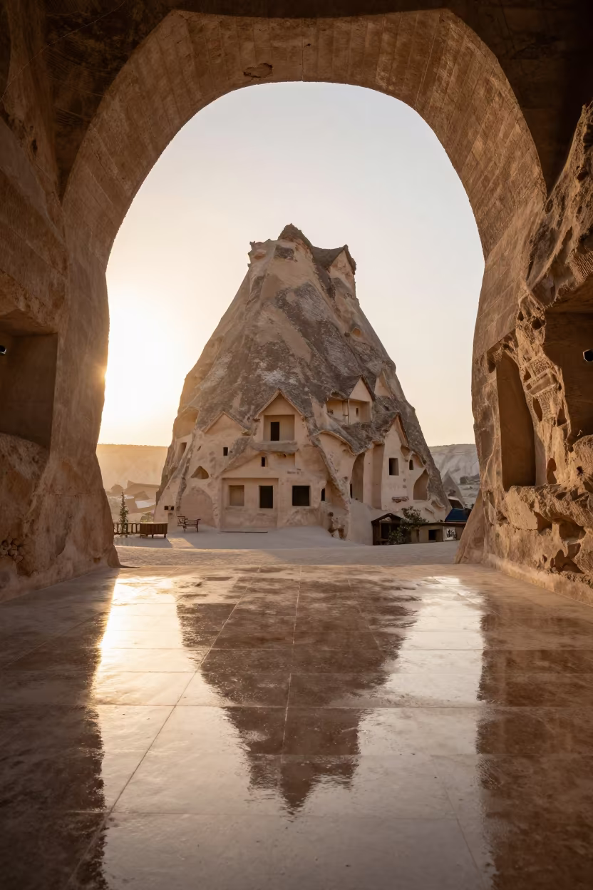 Cappadocia Cave House Silhouette in Nevşehir Lobby in inside a ribbed concrete lobby in Nevşehir