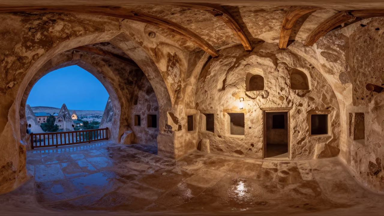 Cappadocian Cave House Atrium Blue Hour Reflections in inside a vaulted atrium near Göreme