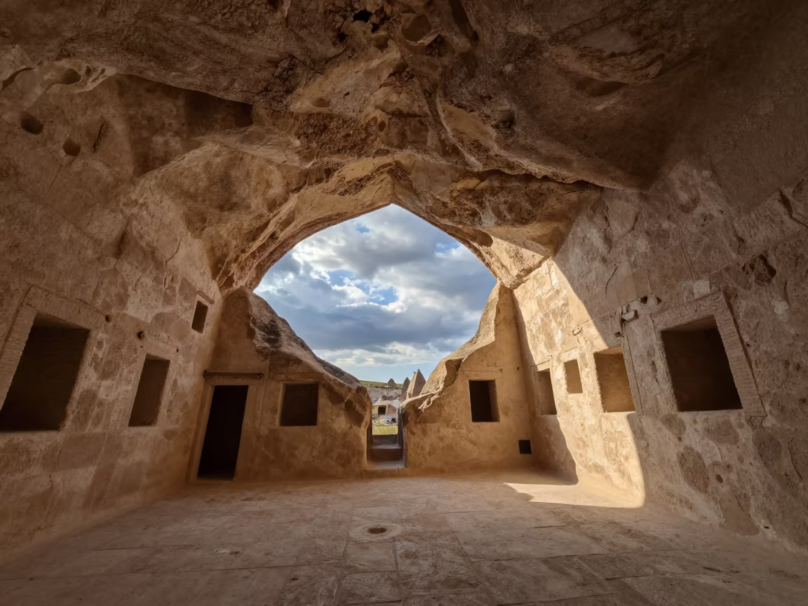 Cappadocian Cave House Atrium at Sunset in inside a vaulted atrium near Nevşehir