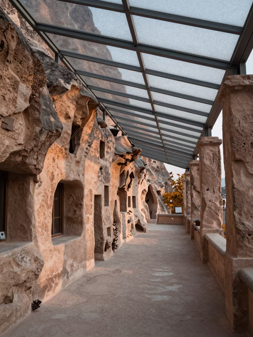 Cappadocian Cave House in Dawn Light in inside a glass-roofed arcade in Göreme