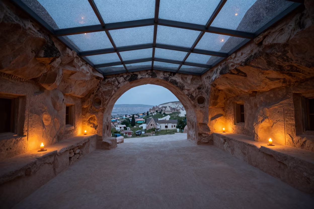 Cappadocian Cave House Under Glass in Predawn Drizzle in inside a glass-roofed arcade in Göreme