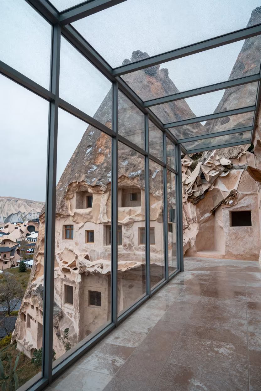 Cappadocian Cave House Inside Glass Arcade in inside a glass-roofed arcade near Ürgüp