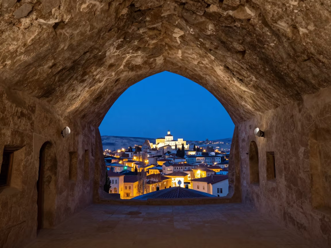 Cappadocian Cave House Silhouette at Dusk in inside a vaulted atrium in Nevşehir