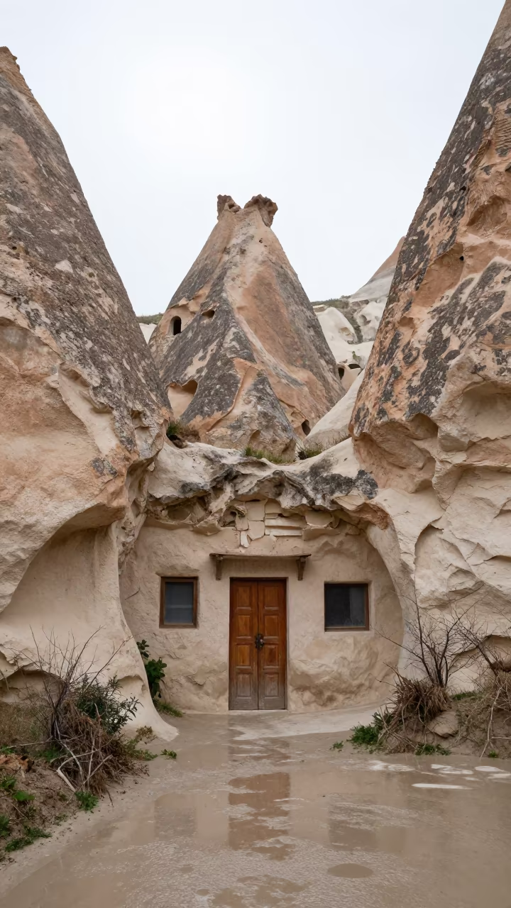 Cappadocian Fairy Chimney Cave Dwelling After Rain in across a floodplain after rain in Turkey