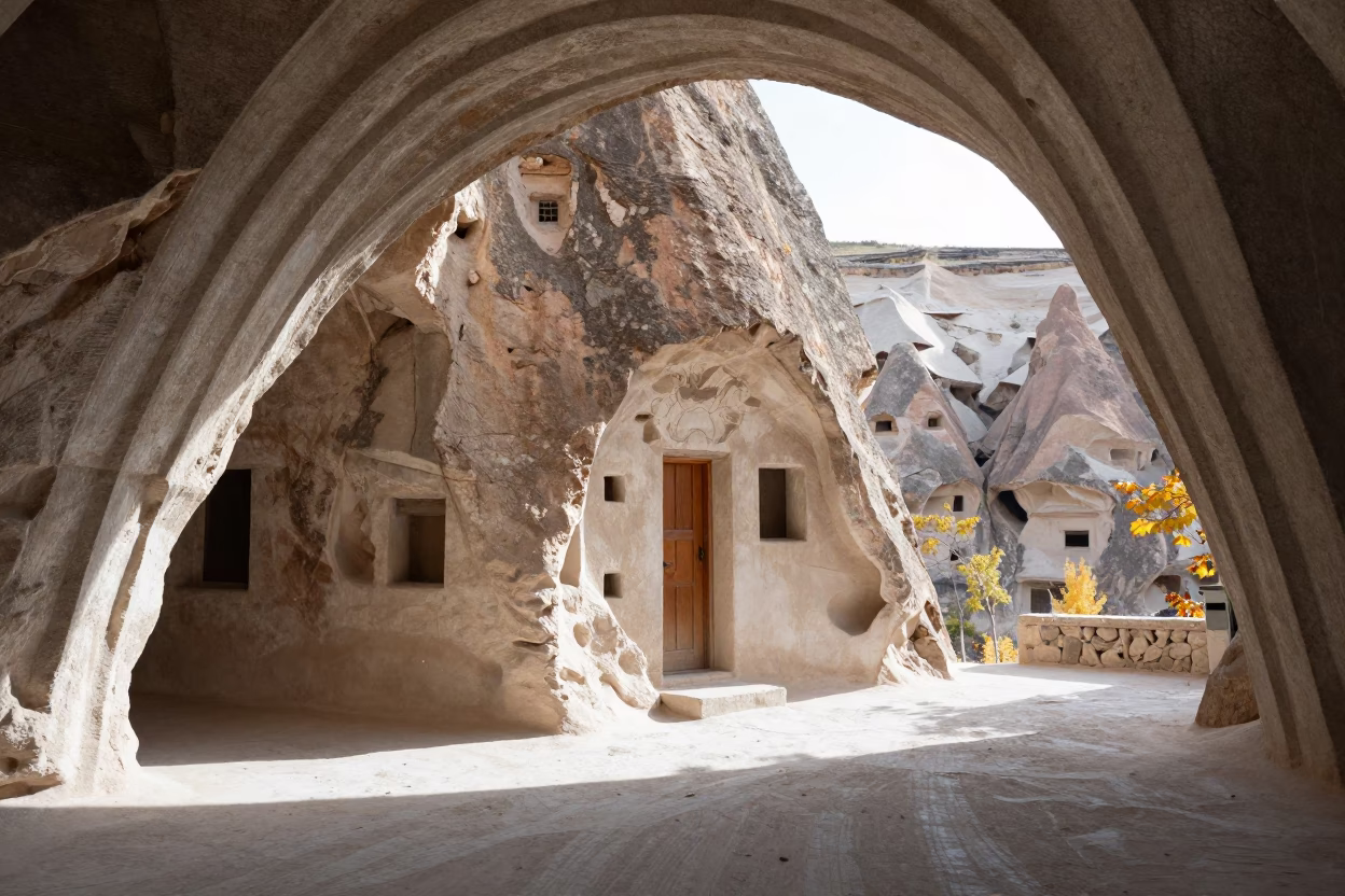 Cappadocian Tufa House in Nevsehir Concrete Lobby in inside a ribbed concrete lobby in Nevşehir