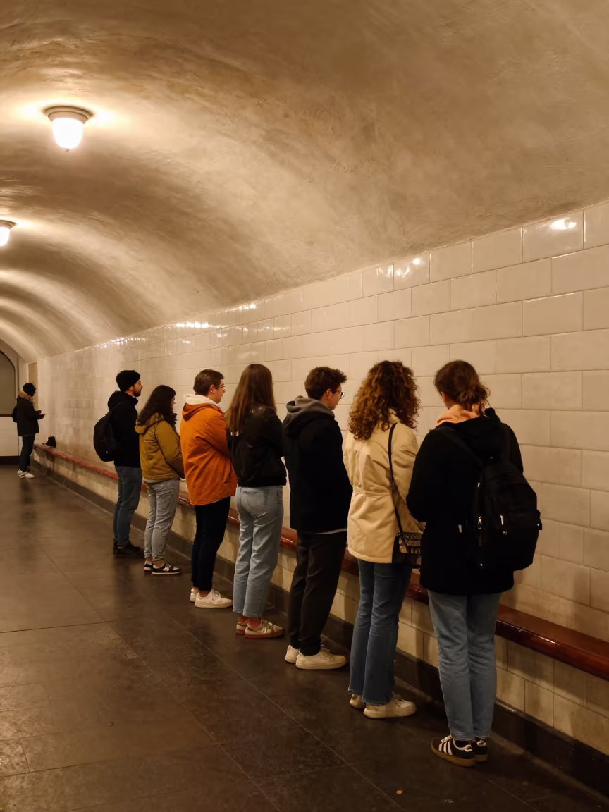 Cappella Group Harmonizing in Rzeszów Subway Tunnel in on a painted display ledge in Rzeszów