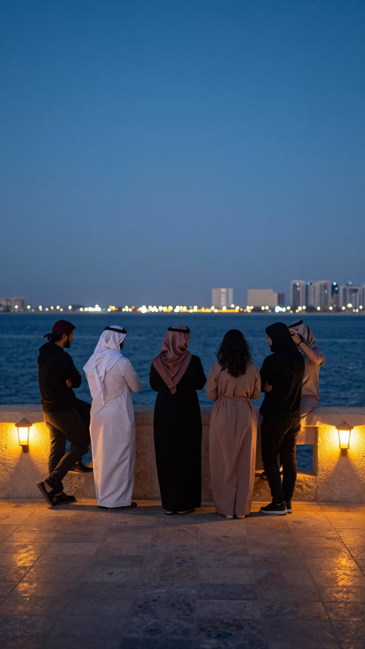 Cappella Group Singing on Dubai Pier at Blue Hour in on a pier railing near Dubai