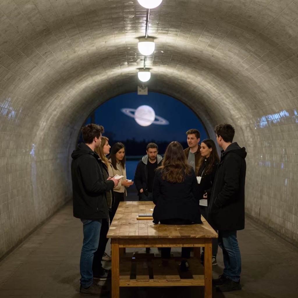 Cappella Group in Vienna Tunnel Under Ringed Planet in on a wooden workbench near Wieden, Vienna