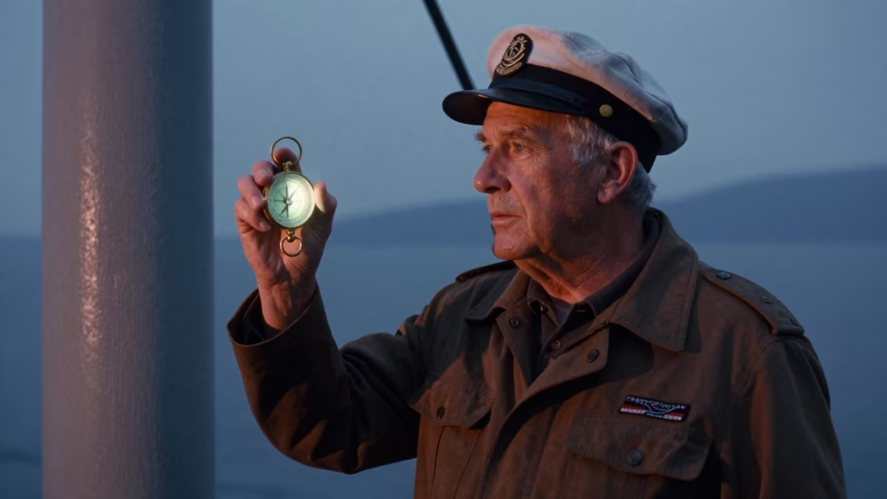 Captain with Glowing Compass in Fukuoka Drizzle in near Fukuoka