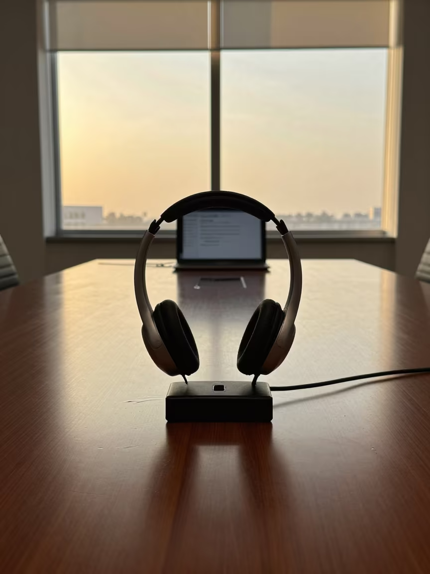 Captioning Headset Dock on Al-Muharraq Boardroom Table in at a boardroom table before a meeting near Al-Muharraq