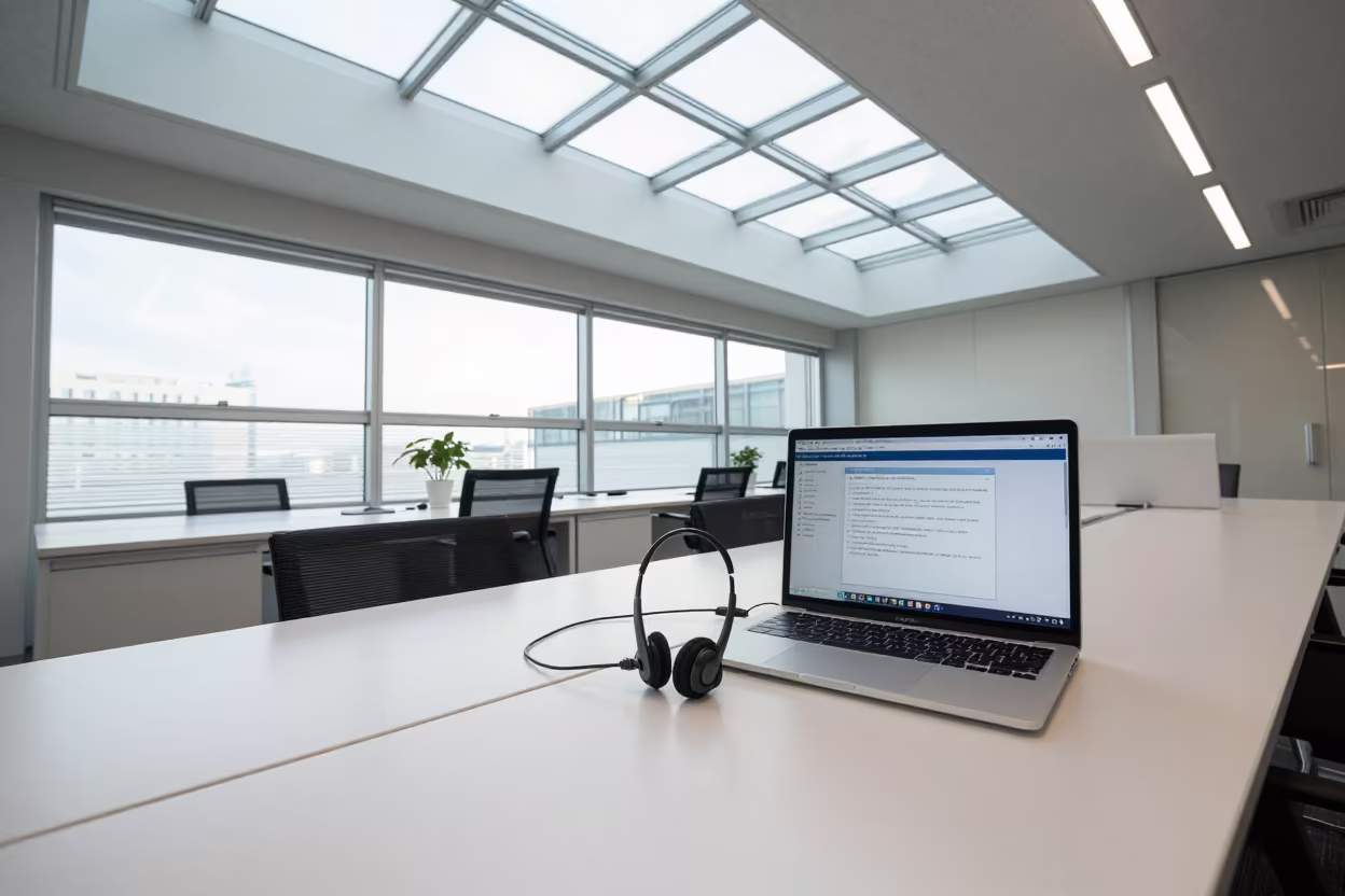 Captioning Headset Dock on Boardroom Table in at a boardroom table before a meeting near Kagoshima