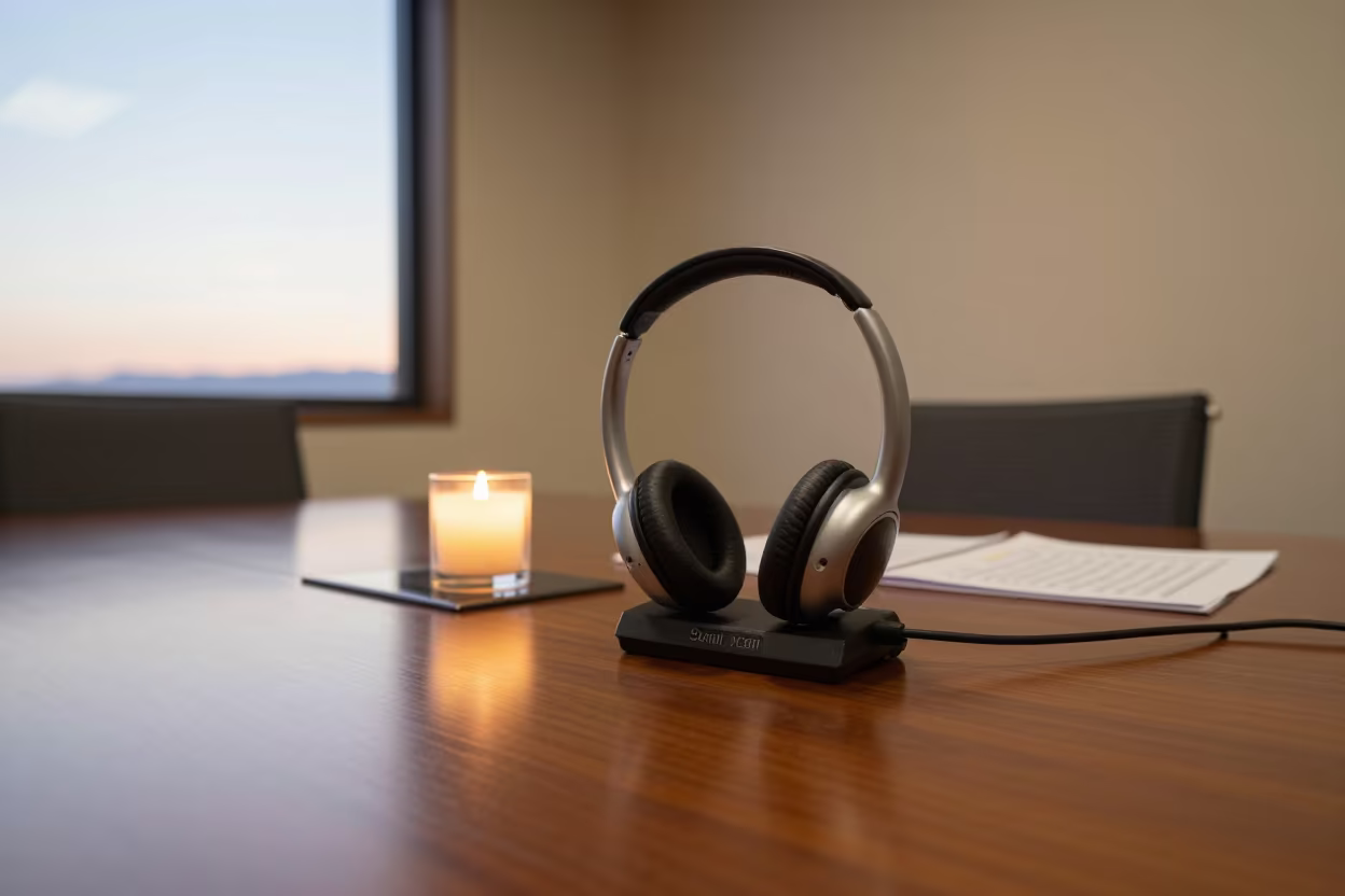 Captioning Headset Dock in Sendai Office Sunset in inside a conference room near Sendai