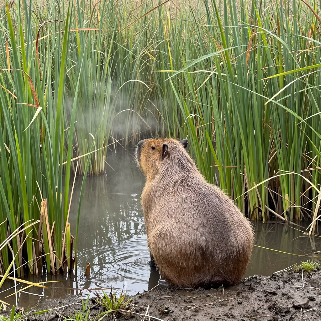 Capybara in Reed Bed After Rain in at the edge of a reed bed in Ecuador