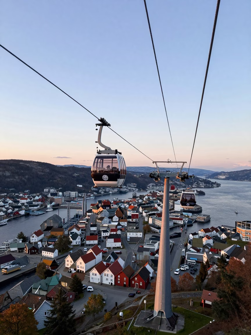 Car Ascending in Bergen at As First Light Reaches The Scene in in Bergen, Norway