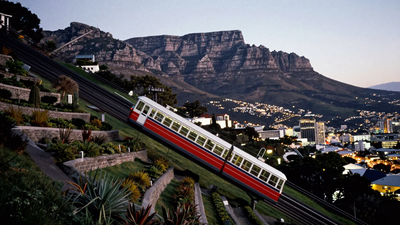 Car Ascent in Cape Town at As City Lights Begin To Glow in in Cape Town, South Africa