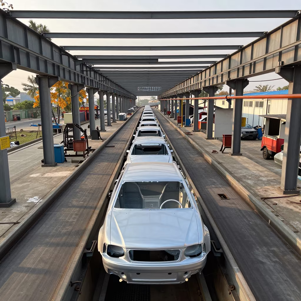 Car Chassis on Overhead Conveyor Prayagraj in on a factory floor near Prayagraj