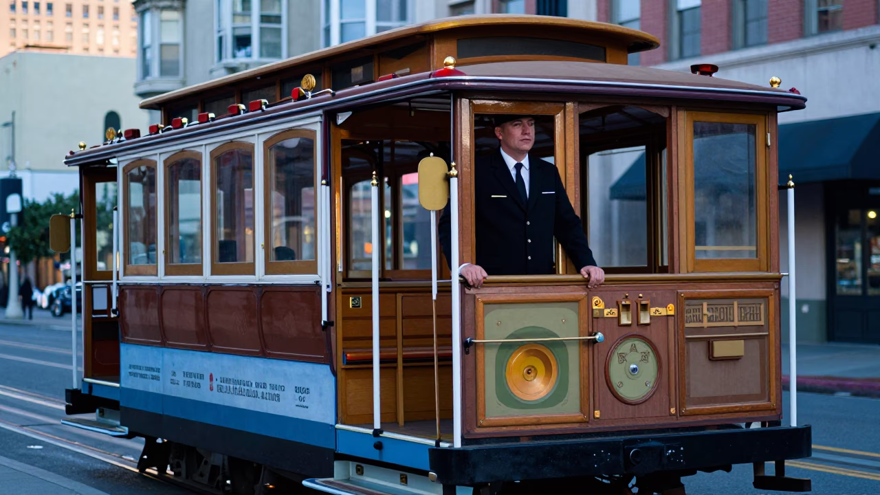 Car Conductor in San Francisco at Sunrise Light in in San Francisco, California, United States