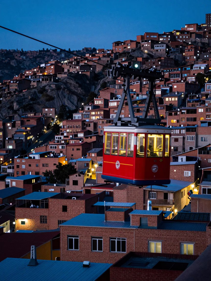 Car Descending in La Paz at The Last Blue Light Of Evening in in La Paz, Bolivia