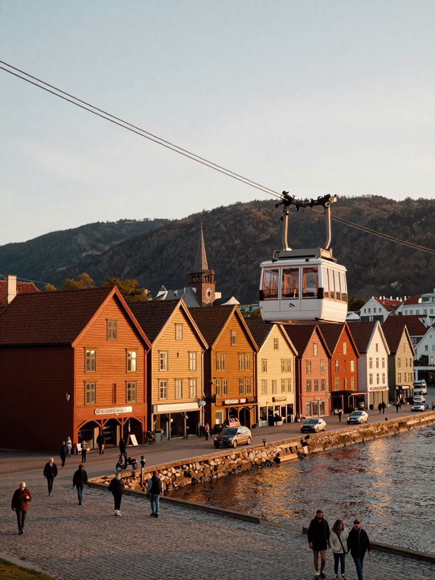 Car Descent in Bergen at Golden Hour in in Bergen, Norway