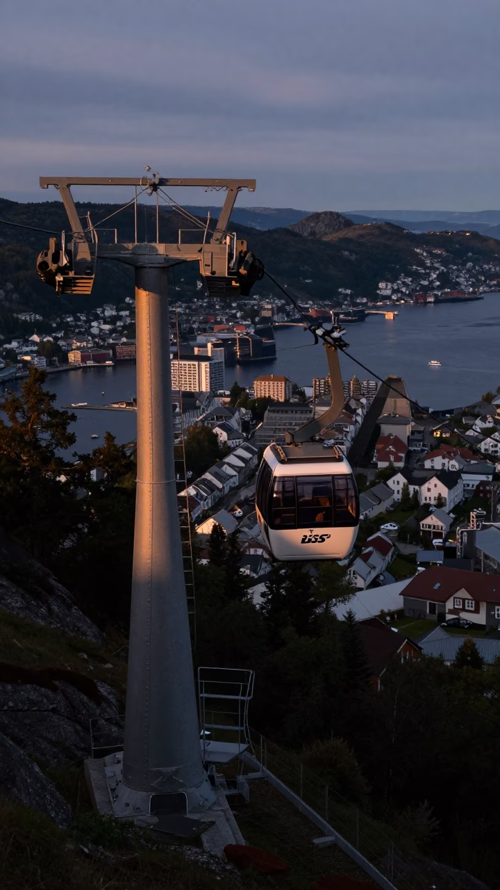 Car Descent in Bergen at Nautical Dawn Light in in Bergen, Norway