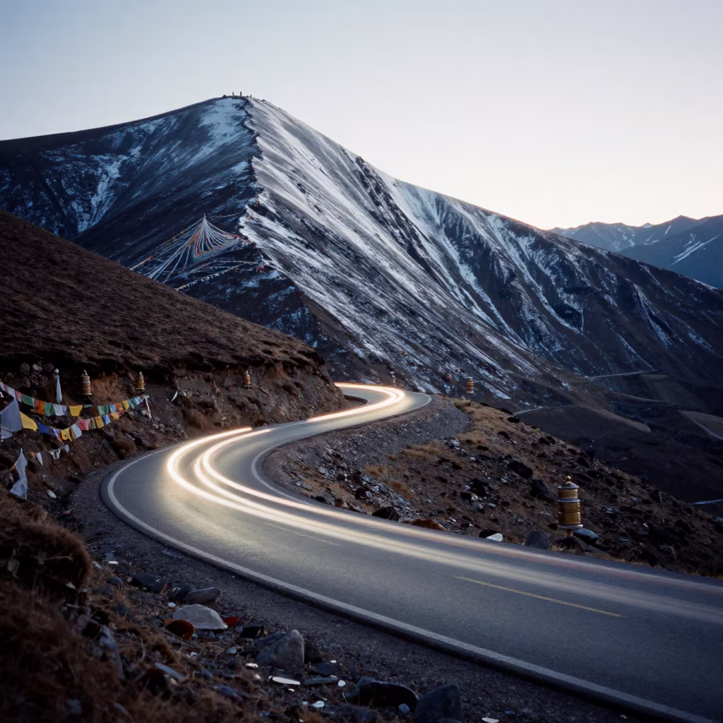 Car Headlight Trails Wind Through Lhasa Mountain Pass in on a wind-cut ridge below prayer flag lines near Lhasa