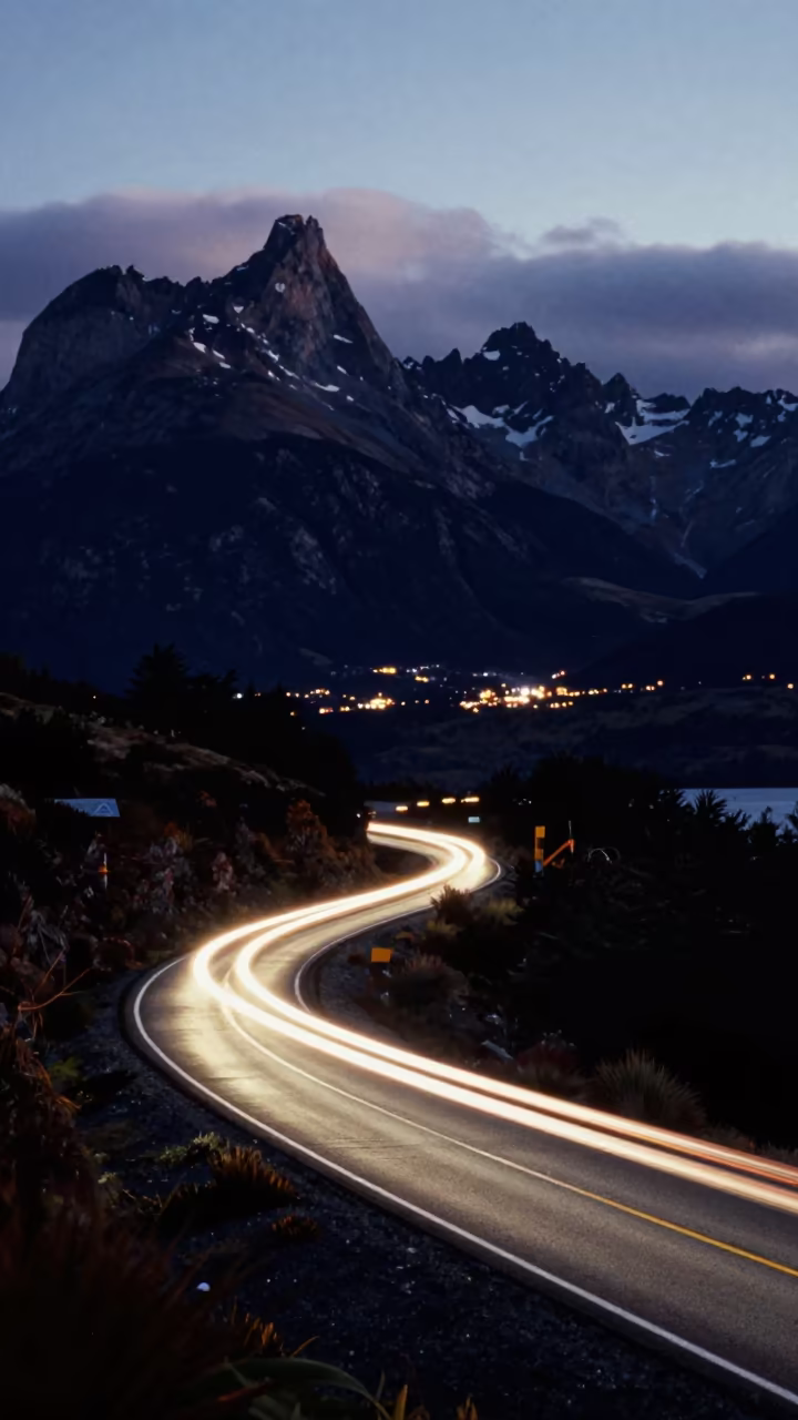 Car Headlight Trails on Patagonian Mountain Road in in Patagonia