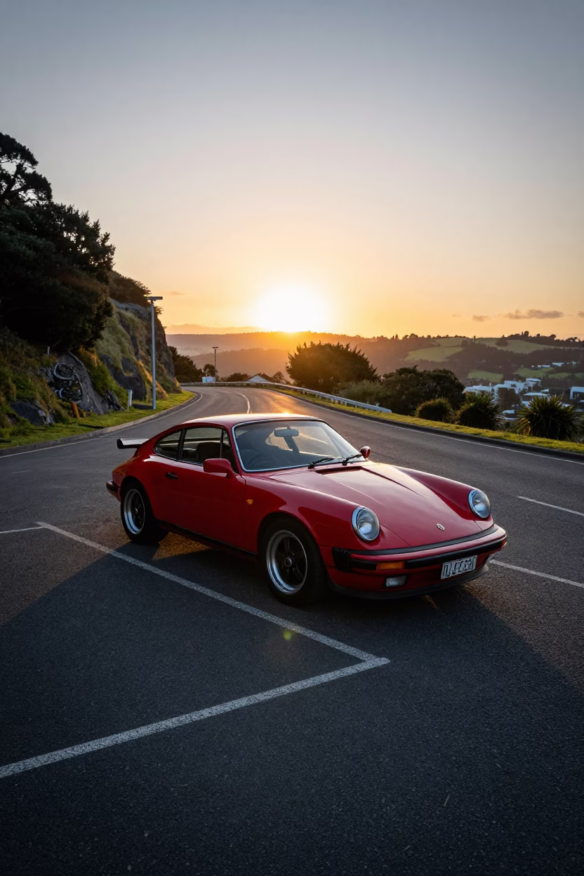 Car Parked at As The Sun Drops Toward The Horizon in Auckland in in Auckland, New Zealand