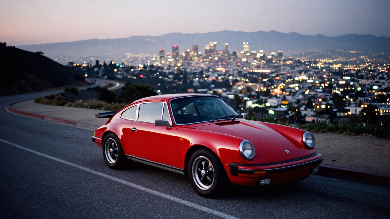 Car Parked in Los Angeles at As City Lights Begin To Glow in in Los Angeles, California, United States