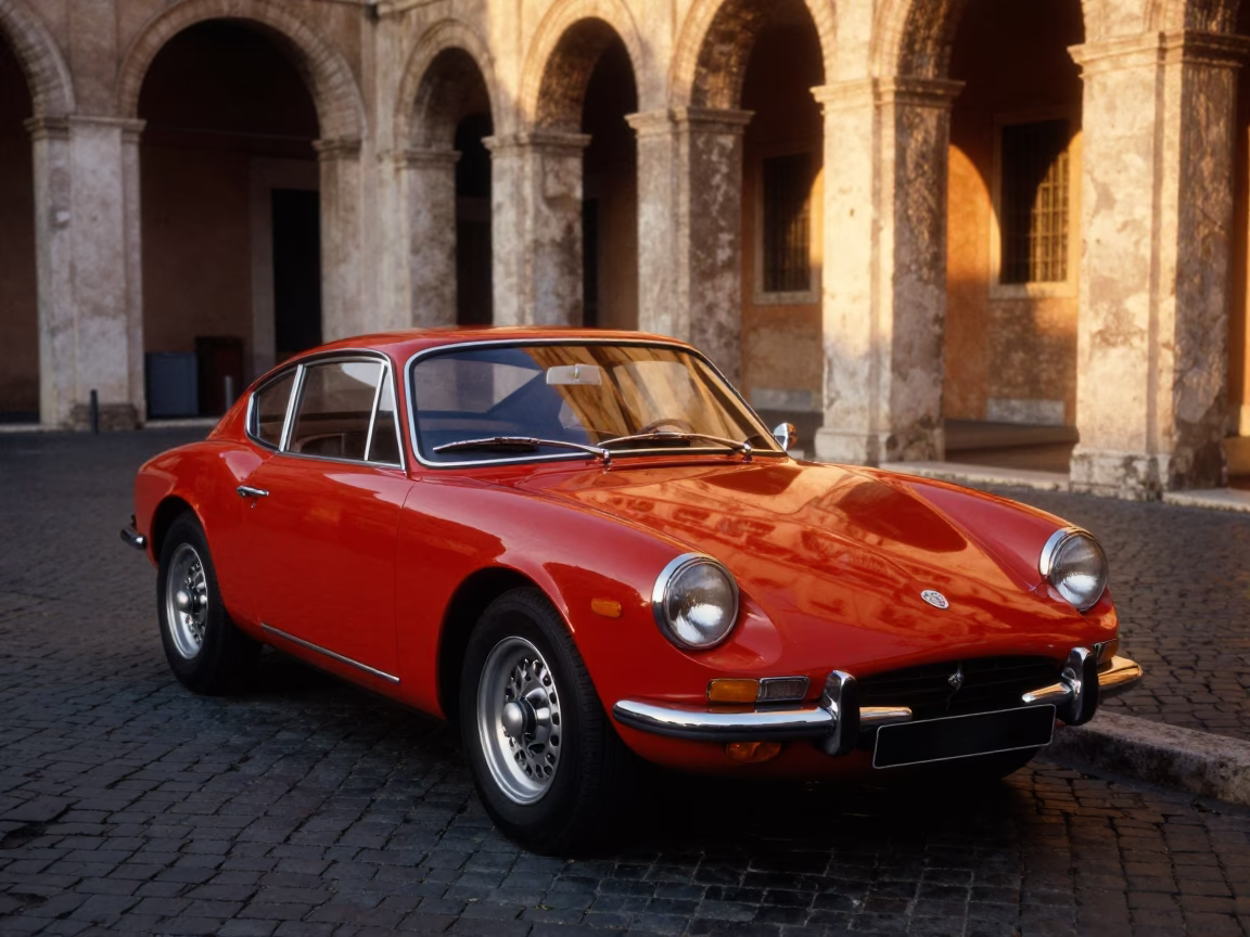 Car Parked in Rome at Honeyed Evening Light in in Rome, Italy